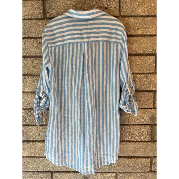 Tahari Womens Blue & White Striped Button-Up Tunic Shirt Medium Linen Blend Roll - Picture 6 of 7